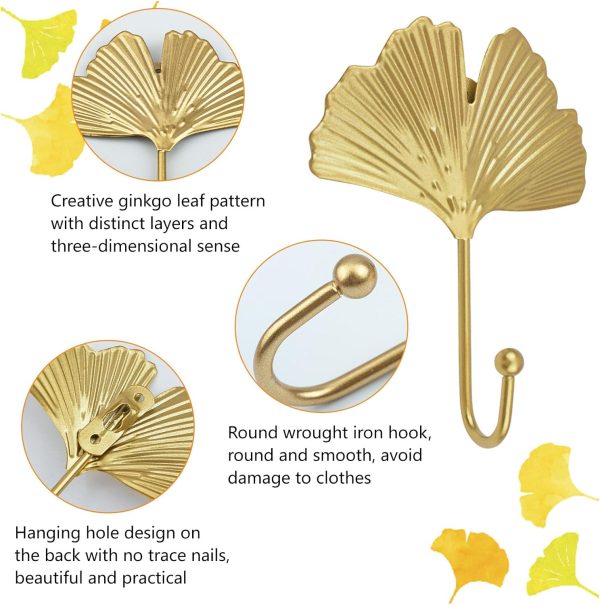competitive pricing morobor decorative leaves iron hooks,4pcs ginkgo leaf shape wall mounted hooks modern key holder wall mounted gold single prong hat hanger home office nursery room decoration one-stop wholesale