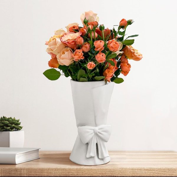 oem/odm services white ceramic vase unique cute bow decorative bouquet flower vases, 9.64in large modern dried flowers tulips branches vase for home living room table decor women girl gifts affordable bulk deals