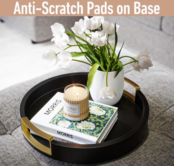 wholesale direct round decorative tray - 12" round black tray with gold handles - round coffee table tray - black round tray for kitchen counter - small round wood tray with handles - round serving tray with handles bulk purchase at factory prices