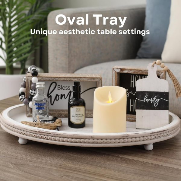 wholesale direct wooden tray,oval decorative tray for coffee table kitchen dinning table entryway, small beaded tray for holidays, farmhouse centerpiece decor tray weathered white bulk purchase at factory prices