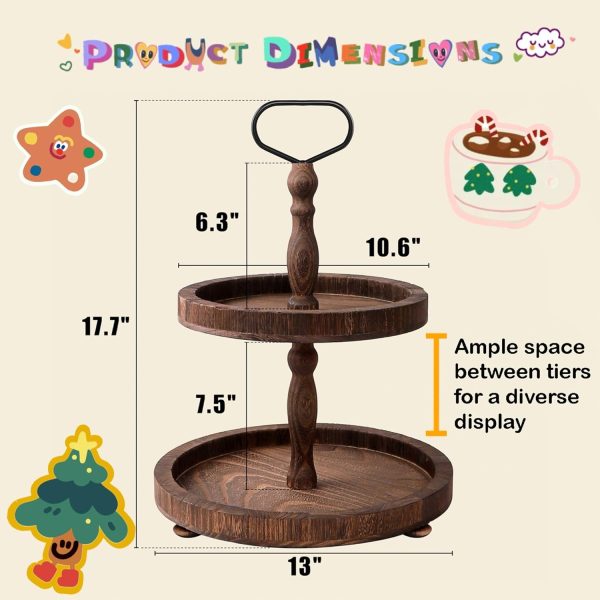 wholesale direct 2 tiered tray, rustic round farmhouse style decorative tray, dessert stand kitchen island decor, wooden serving tray for coffee food fruits cupcakes, home decor holiday display, dark wood bulk purchase at factory prices