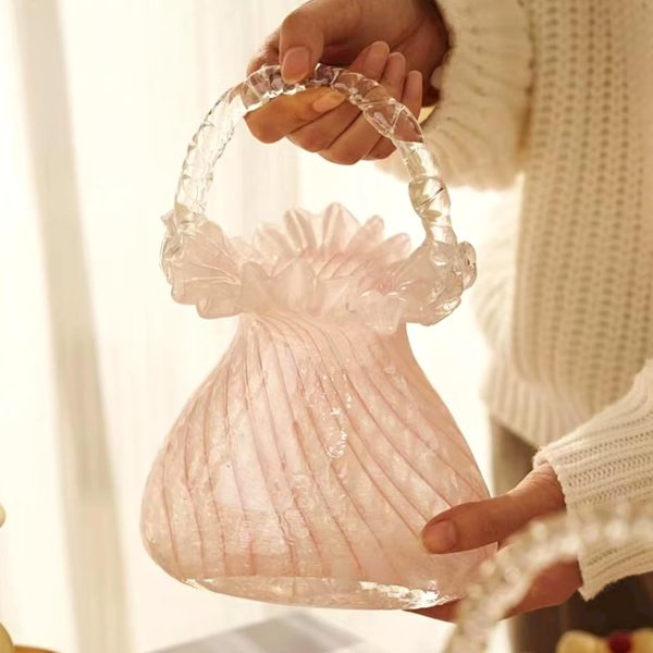 oem/odm services purse vase for flowers (handmade), glass bag vase, handbag shape flower vase, blown pink flower vase for basket, unique flower vase with handles, decorative for home decor, wedding affordable bulk deals