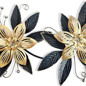 factory direct liffy black gold metal flowers wall decor,15" 3d multi-layer modern floral art, rustic distressed hanging decor for indoor, bedroom living room garden patio, home decoration accent volume discount