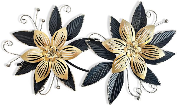 factory direct liffy black gold metal flowers wall decor,15" 3d multi-layer modern floral art, rustic distressed hanging decor for indoor, bedroom living room garden patio, home decoration accent volume discount