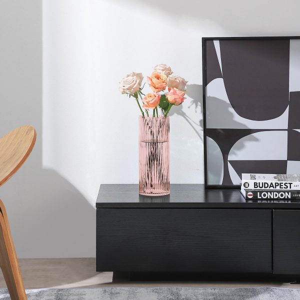 oem/odm services pink glass vase, glass flower vase, ribbed glass vase, pink vase, tall cylinder glass vase for centerpieces, living room, bedroom, dining table, office, wedding, bookshelf decoration,10 inches affordable bulk deals