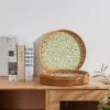 wholesale direct round rattan tray with mother of pearl inlay, rattan serving tray with wooden base, decorative wicker basket for table decor, storage and display of coffee bread food fruit (leaf) bulk purchase at factory prices