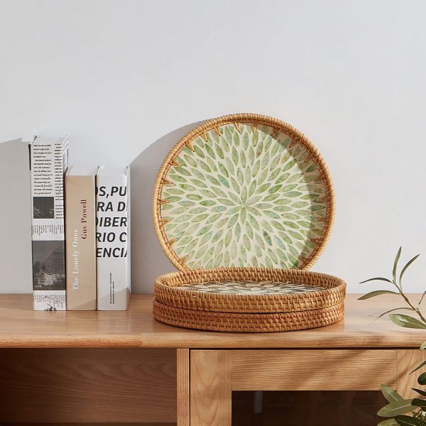 wholesale direct round rattan tray with mother of pearl inlay, rattan serving tray with wooden base, decorative wicker basket for table decor, storage and display of coffee bread food fruit (leaf) bulk purchase at factory prices