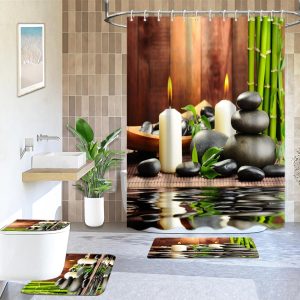 manufacturer direct lnond 4pcs spa bathroom shower curtain sets with rugs, stone bamboo bathroom sets with shower curtain and rugs and accessories trade price