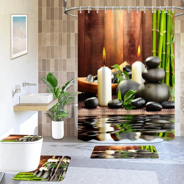 manufacturer direct lnond 4pcs spa bathroom shower curtain sets with rugs, stone bamboo bathroom sets with shower curtain and rugs and accessories trade price