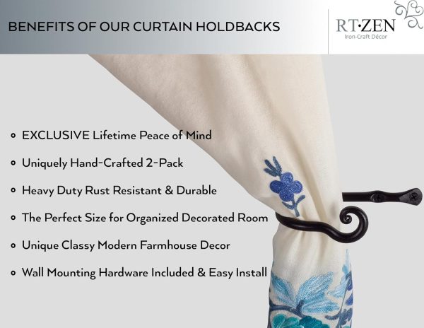 bulk purchase rtzen curtain holders for wall - farmhouse curtain hooks for drapes - creative black curtain tiebacks - wrought iron drapery curtain holdbacks - unique metal tie backs for curtains - 2 pcs factory discount