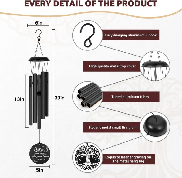 producer to buyer sympathy wind chimes for loss of loved one, memorial windchimes for lost father mother, remembrance bereavement gift with card, in memory of dad mom metal funeral decor for garden outdoor (39“ black) discounted pricing