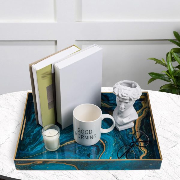 wholesale direct maoname plastic decorative tray, marbling tray with handles, rectangular coffee table tray, serving tray for ottoman, bathroom, 15.7” x 11.8”, blue bulk purchase at factory prices