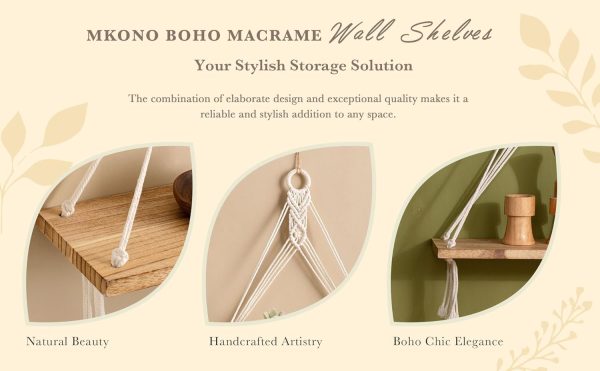 bulk purchase mkono macrame hanging shelves boho wall decor set of 2 rustic wood floating storage shelf for bedroom bathroom living room nursery dorm room, display shelving for hanging plants photos trade price