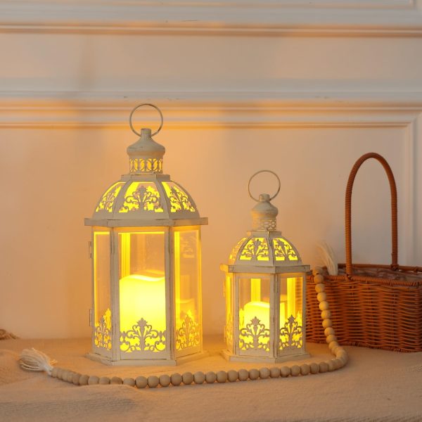 custom wholesale lanterns decorative outdoor&indoor, set of 2 (15"&11") beige metal lantern decor with glass, candle holder for porch, patio, garden, fall, wedding, christmas, table centerpiece oem/odm services