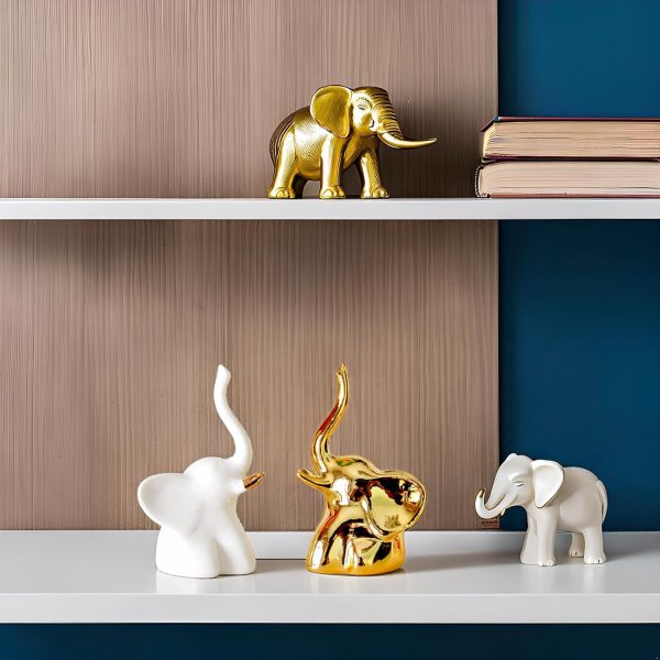 dropship from factory home decor elephant statues,1 pair, small decorative accents for shelves, livingroom and bedroom, gold and white mass production supply