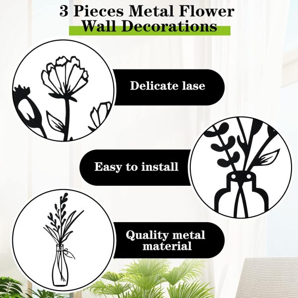 factory direct hotop 3 pieces metal flower wall decor metal vase wall art metal wall sculptures hanging flower in vase hanging iron wall decor for living room kitchen(black) volume discount