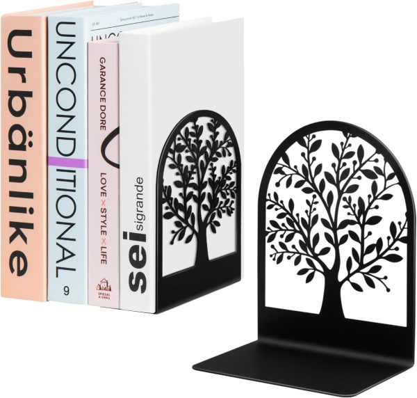 supplier direct umikk book ends, metal bookend, tree of life bookend for shelves, home decorative bookends for heavy books, black non-skid book stopper, 7 x 5.5 x 3.5 inch (1 pair) wholesale prices