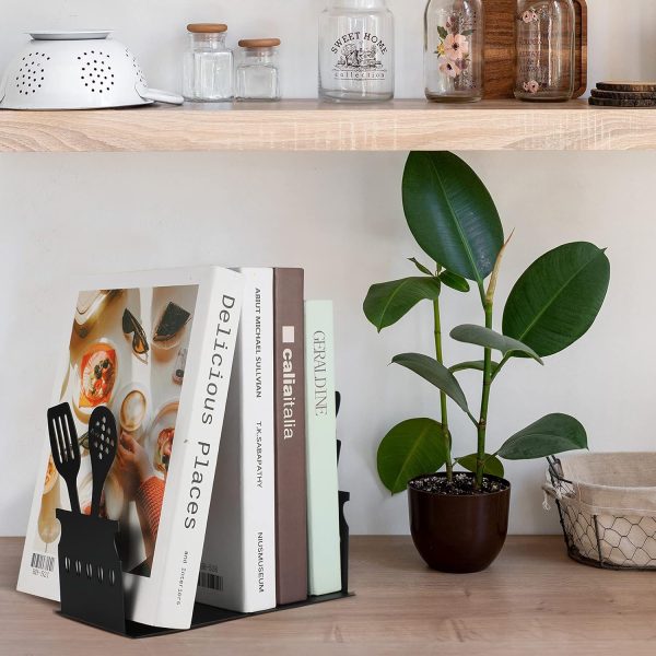supplier direct black kitchen bookends 5.9 x 3.9 x 3.9 inch spoon decorative cookbook metal book ends with non-slip mat metal cookbook storage books stoppers metal kitchen cookbook holder for shelves kitchen book wholesale prices