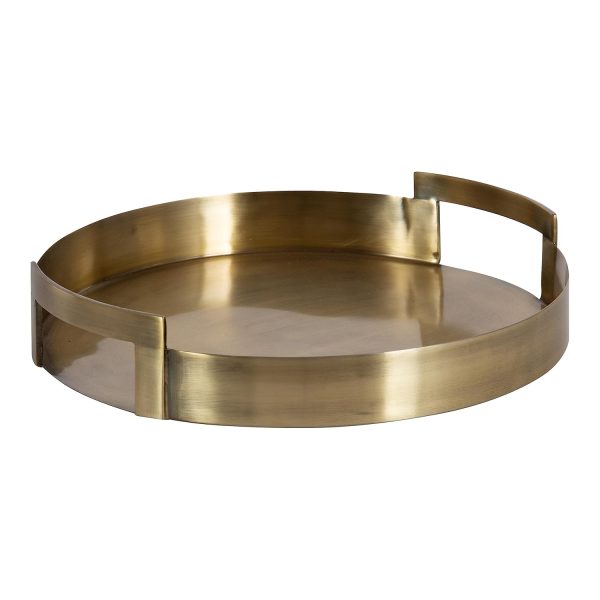 wholesale direct kate and laurel myo transitional metal round tray, 15 x 15, brass, modern glam circular decorative serving tray with handles for storage, display, and decor bulk purchase at factory prices