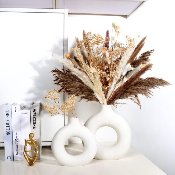 oem/odm services white ceramic vase, modern vase for minimalist decor, hollow round matte pampas flower vases for boho home wedding party room dinner table shelf decor (2pcs) affordable bulk deals