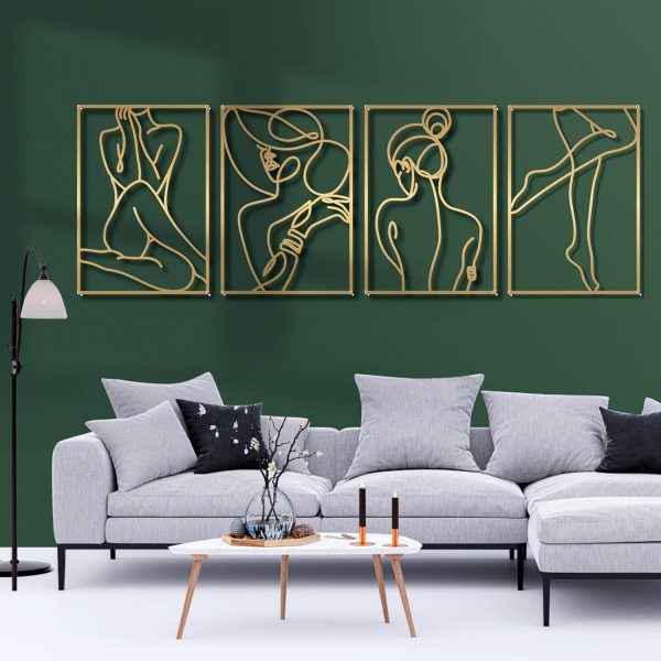 factory direct glamativity 4 pack gold wall art décor, minimalist décor single line art wall décor, real metal wall art, woman's body shape abstract wall art (gold elegant style, m size 17 x 11.8'') volume discount