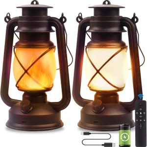 custom wholesale vintage lantern led battery powered camping lamp outdoor hanging lantern flickering flame rechargeable retro lanterns remote control 4 modes light non-solar 2 pack oem/odm services