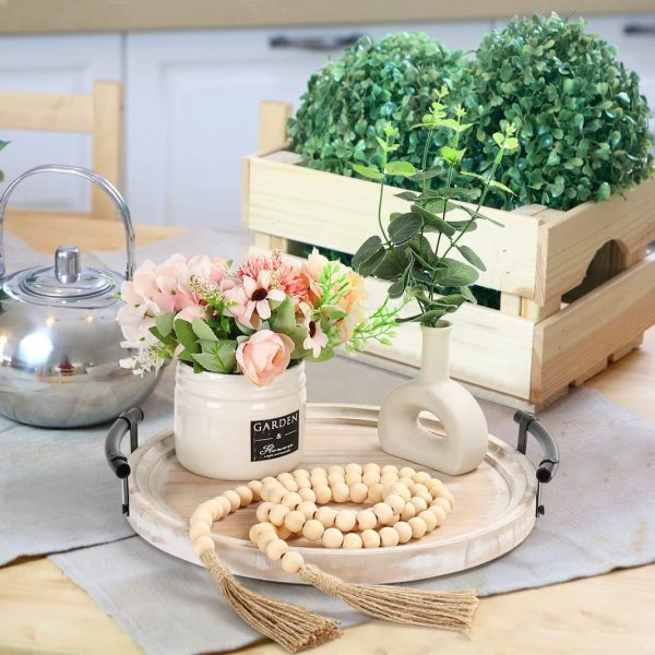 wholesale direct round wood tray/w wood bead garland - 13" decorative trays for home decor - round wooden tray with handles - wooden round tray for kitchen counter. bulk purchase at factory prices