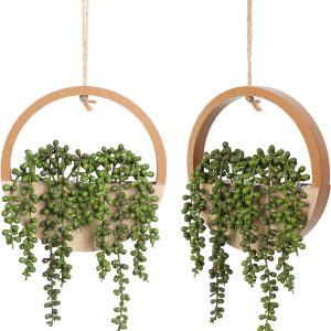 bulk purchase floweroyal 2pcs artificial succulents hanging plants 12.2'' fake string of pearls in pot with 8.3'' lanyard for indoor outdoor wall decor（wood color）. trade price