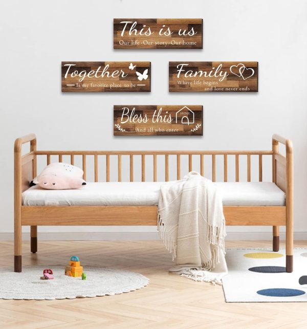 bulk purchase 4 pieces home wall signs, this is us/together/bless this home/family wall decor for living room bedroom, rustic wooden farmhouse wall art , 4.7 x 13.8 inch(brown) trade price