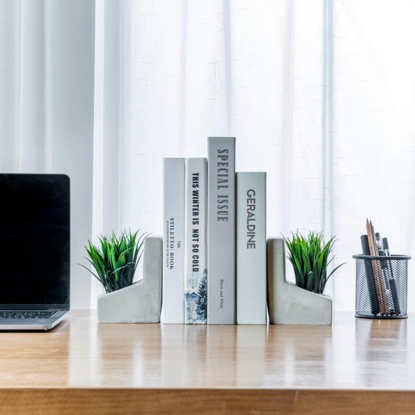 supplier direct mygift modern gray concrete l-shaped bookends for heavy books with artificial green grass plants, decorative heavy duty book stands for office desktop or bookshelf, 1 pair wholesale prices