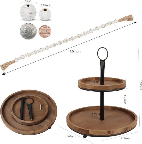 wholesale direct genmous & co. farmhouse tiered tray decor with distressed wood bead garland, decorative 2 tiered serving tray with metal handle for rustic home décor bulk purchase at factory prices