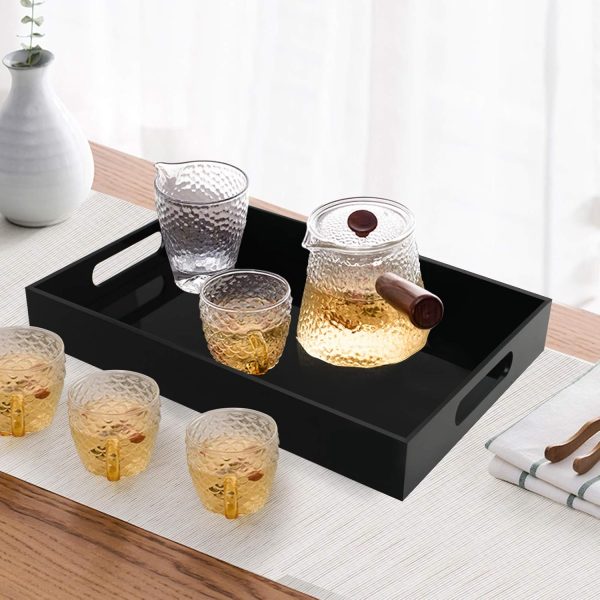wholesale direct tasybox black serving tray, acrylic decorative serving trays with handles for kitchen dining room table ottoman vanity countertop 16" x 12" bulk purchase at factory prices