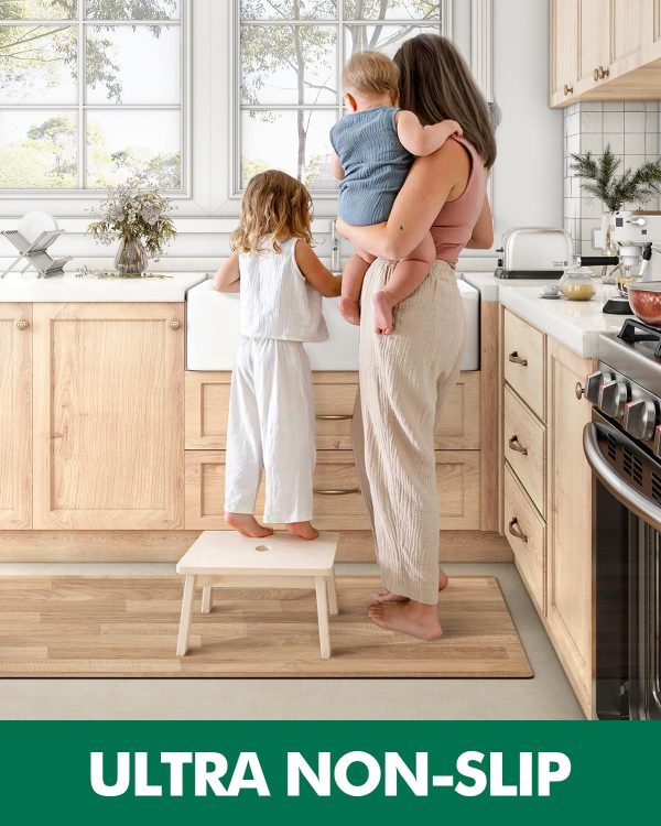 manufacturer direct lumi 2pcs ultra-thin wood grain kitchen mat set, low profile, non slip, quick dry, washable kitchen rugs, teak, 17"x31.5" + 17"x60" trade price