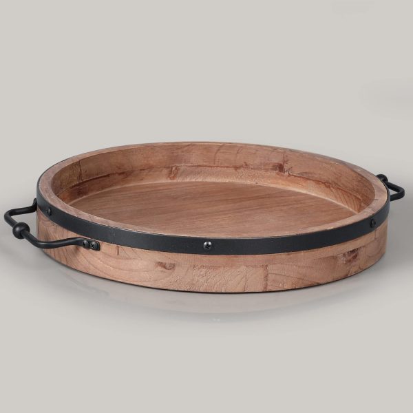 wholesale direct round coffee table tray - 13'' farmhouse wood serving tray with metal handles - round decorative tray for coffee table - round ottoman tray decor - wooden circle tray for kitchen counter bulk purchase at factory prices