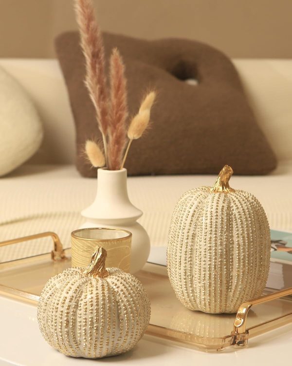 dropship from factory fall thanksgiving pumpkin decor figurine clearance, 2 pcs fake pumpkin statues for helloweentabletop decorating, white and gold resin pumpkins for autumn harvest home decor, farmhouse, gift package mass production supply