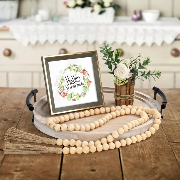 wholesale direct round wood tray/w wood bead garland - 13" decorative trays for home decor - round wooden tray with handles - wooden round tray for kitchen counter. bulk purchase at factory prices