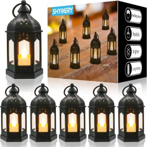 custom wholesale shymery mini lantern with flickering led candles,vintage black decorative hanging candle lanterns for halloween,wedding decorations,christmas,table centerpiece,battery included（set of 6） oem/odm services