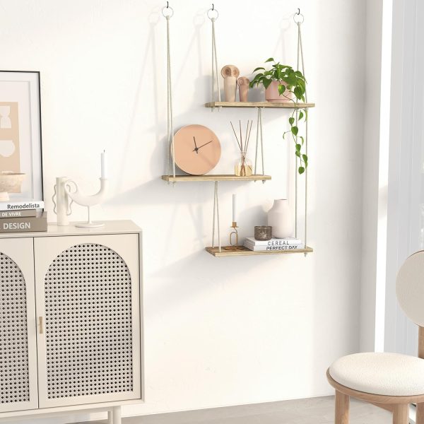 bulk purchase fixwal hanging shelves for wall, 3 tier boho wall decor plant rack floating shelves rope rustic wood organizer storage hanger for aesthetic home bedroom kitchen bathroom- rustic brown trade price