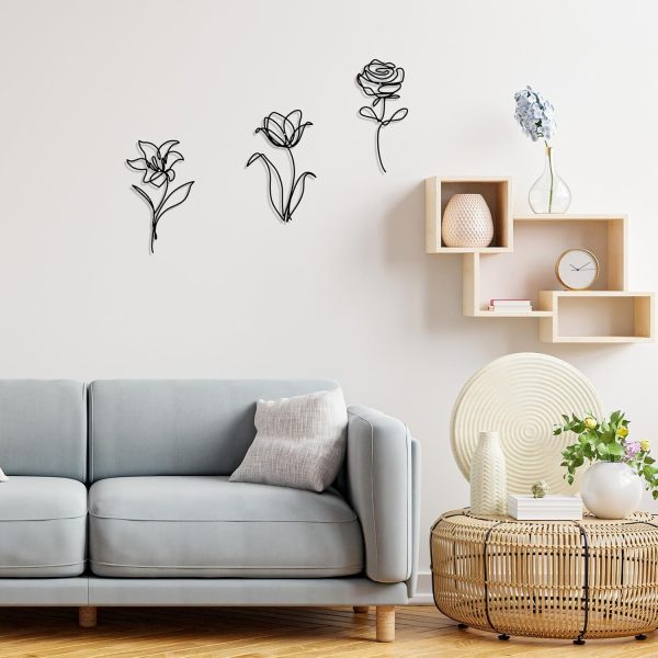 factory direct oubasa black metal flowers wall decor for bathroom, cute floral wall sculptures minimalist wall art for kitchen bedroom living room restroom decoration, 6x10 inches, set of 3 volume discount