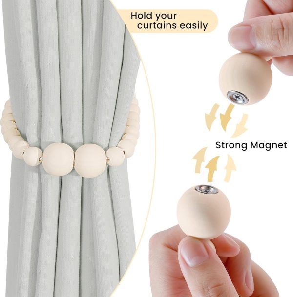 bulk purchase magnetic curtain tiebacks, 2 pack curtain holdbacks for draperies, wood bead curtain tiebacks, elegant curtain tie backs for bedroom decor, boho room decor, nursery decor, farmhouse decor factory discount