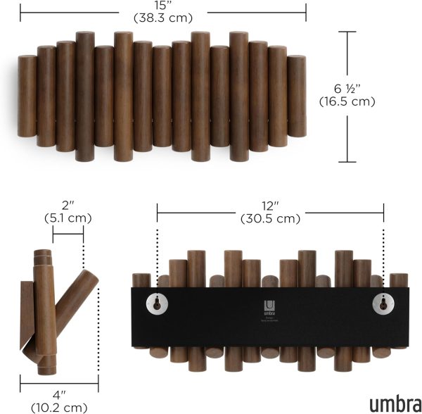 competitive pricing umbra picket wall-mounted coat rack rail hook with 5 retractable wood pegs – modern, space-saving storage organizer, walnut one-stop wholesale