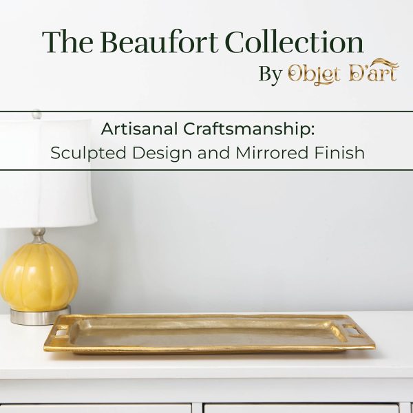 wholesale direct decorative gold trays by objet d’art, beaufort rectangular bar tray for living room, ottoman and coffee table, set of 2 trays for candles, liquor, and centerpieces bulk purchase at factory prices