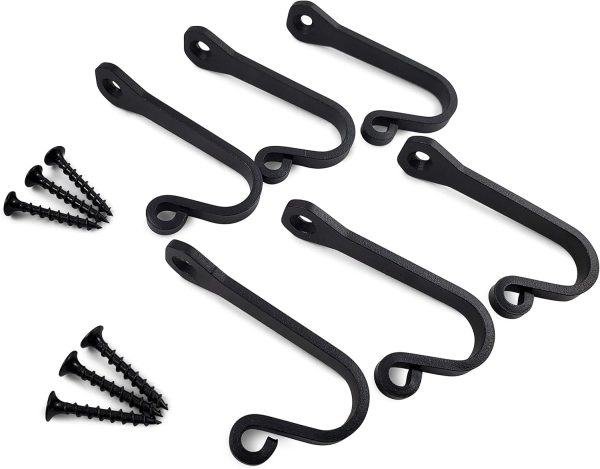 competitive pricing decorative wall hooks (6 pack) - black - cast iron - multi-purpose rustic décor - hanging metal hook set - home & office - for towels, coats, plants, pots & pans, mugs, hats, & more - claimed corner one-stop wholesale