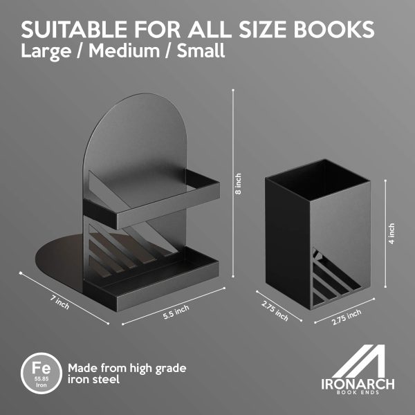 supplier direct iron arch modern and decorative bookends for heavy books, 200% stronger & heavier than the average bookends, large bookends with matching bonus storage cup (carbon black) wholesale prices