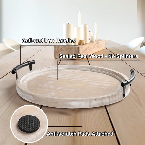 wholesale direct round wood tray/w wood bead garland - 13" decorative trays for home decor - round wooden tray with handles - wooden round tray for kitchen counter. bulk purchase at factory prices