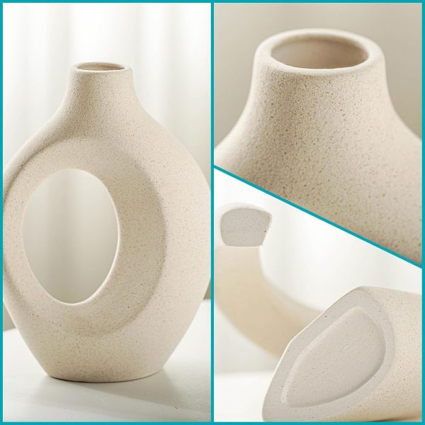 dropship from factory snuggle hollow ceramic vase set of 2, nordic modern boho ins style decorative ceramic aesthetic flower vase for home decor (milky white w 6.3" x h 8.4") mass production supply