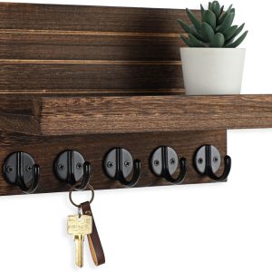 competitive pricing key holder for wall, decorative key and mail holder with shelf has large key hooks for bags, coats – paulownia wood key hanger with mounting hardware (9.8”w x 6.7”h x 4.2”d) (brown) one-stop wholesale