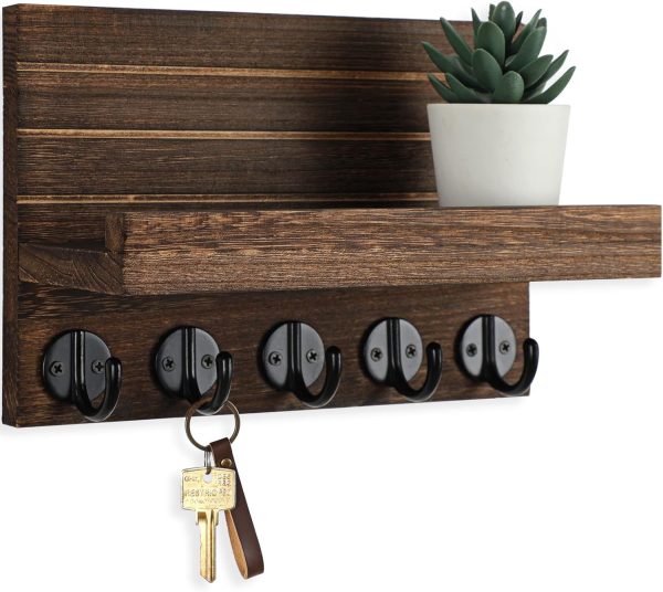 competitive pricing key holder for wall, decorative key and mail holder with shelf has large key hooks for bags, coats – paulownia wood key hanger with mounting hardware (9.8”w x 6.7”h x 4.2”d) (brown) one-stop wholesale