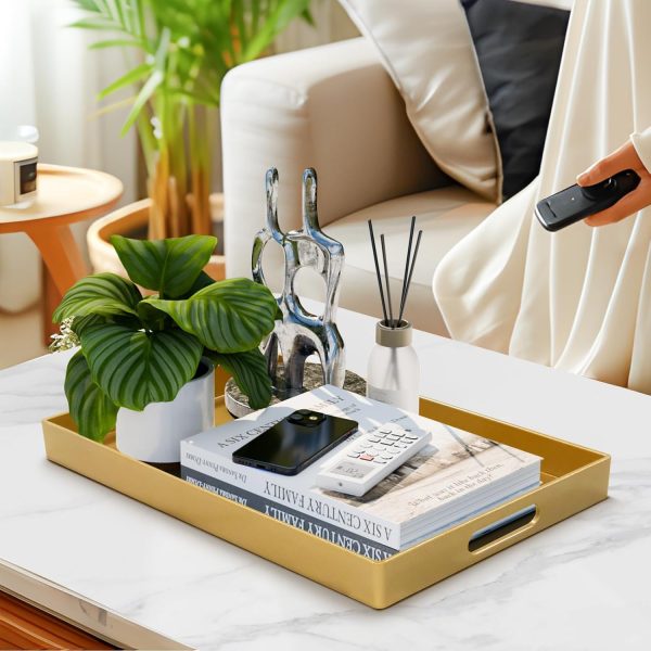 wholesale direct maoname gold decorative tray for coffee table, modern serving tray with handles, plastic ottoman tray, bathroom decor, 15.8" l x 10.2" w x 1.4" h bulk purchase at factory prices