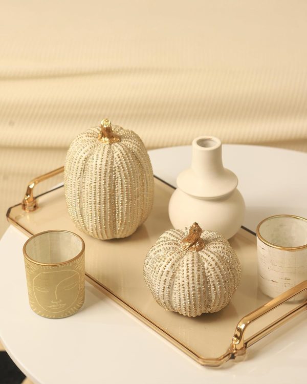 dropship from factory fall thanksgiving pumpkin decor figurine clearance, 2 pcs fake pumpkin statues for helloweentabletop decorating, white and gold resin pumpkins for autumn harvest home decor, farmhouse, gift package mass production supply